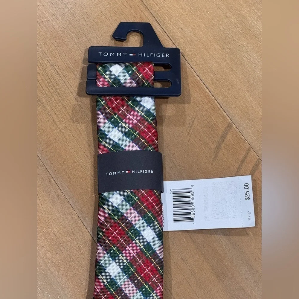 Tommy Hilfiger Holiday Tartan Tie Boys Red Multi Bar Tack Keeper Loop